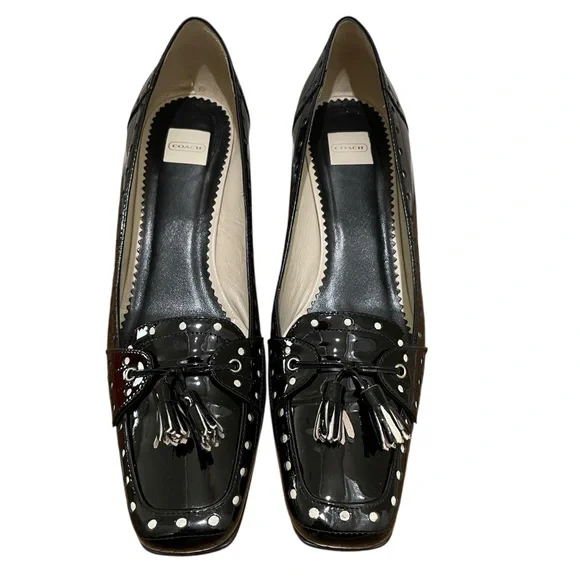 Coach Jude Patent Leather Black Parchment Studded Tassel Kitten Heels Women 10 - Picture 4 of 11